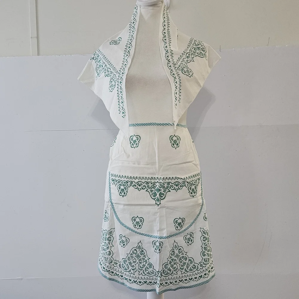 VTG Cotton Kitchen Apron & Bandana Set Blue Green Teal Swirled Design Pattern. - Picture 1 of 16